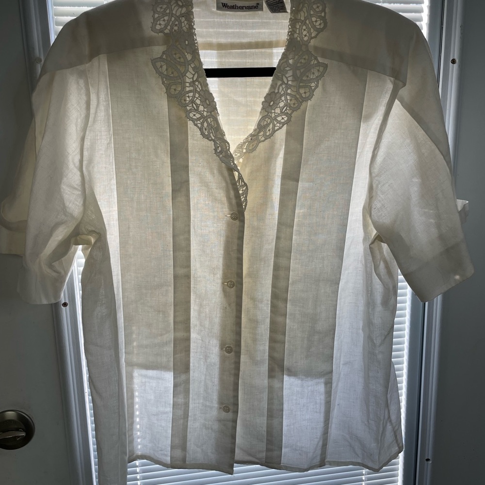 Vintage 1980s Weathervane White Size 12 Pleated Button Down Short Sleeve Shirt